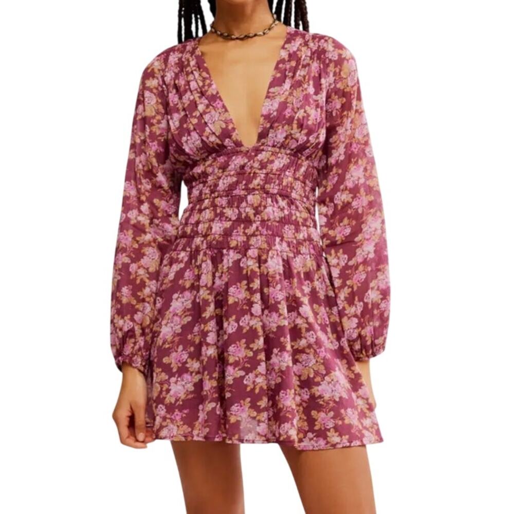 Free People Mini Dress Burgundy Floral Deep V-Neck  Bohemian Indie Cottagecore